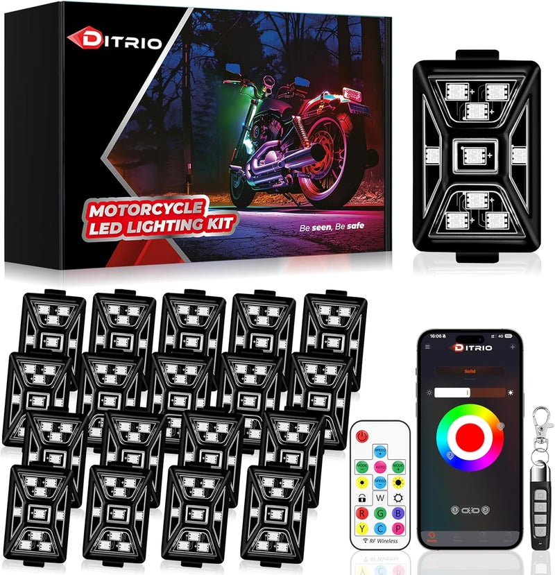 DITRIO 18PCS 5 Sides Full Angle RGB Motorcycle LED Underglow Kit with APP and 2 Remote Control,Brake Light Bright Waterproof Music Mode Easy Install Underglow Lights, Fit for Most Motorcycles Scooter - Image 1